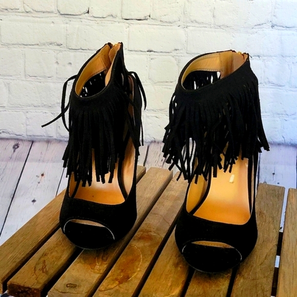 Black Suede Fringe Heel - Picture 2 of 5